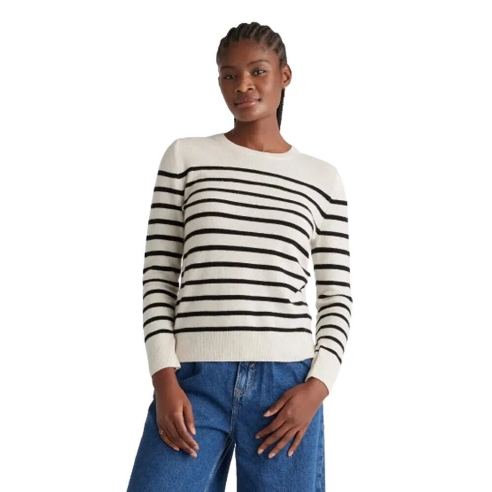 NWT Quince Mongolian Cashmere White & Black Striped Crewneck Sweater M